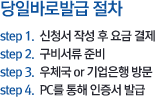 당일바로발급절차. step1.신청서 작성 후 요금 결제. step2.구비서류준비. step3.우체국 or 기업은행 방문. step4.PC를 통해 인증서 발급